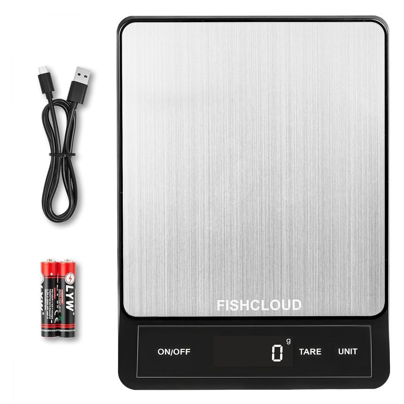 FISHCLOUD Food Scale - Rechargeable Digital Kitchen Scale 33lb, 1g/0.05oz Precision, Type-C, Stainless Steel, Grams/Ounces, LCD Display, for Cooking/Baking/Meal Prep (Ash Silver) - Image 1